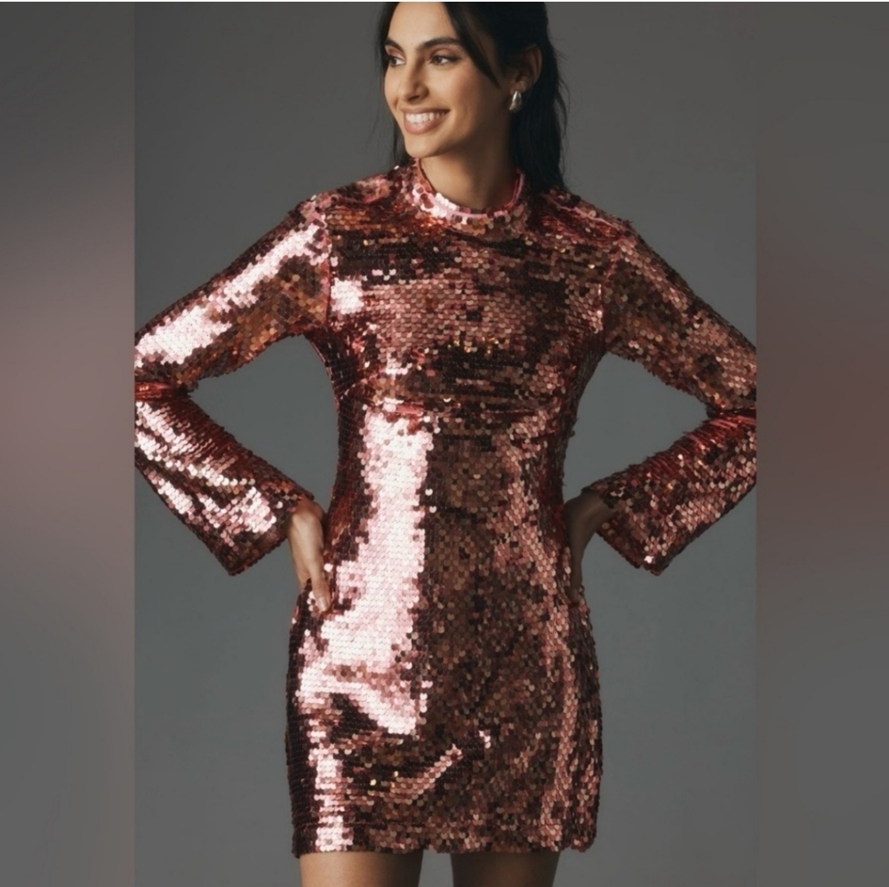 Anthropologie MAEVE Long-Sleeve Mock-Neck Sequin Mini Dress Pink Eras XS NWT